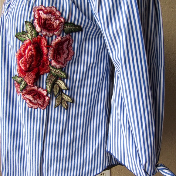 Off Shoulder Embroidered Striped Top. - Picture 3 of 8